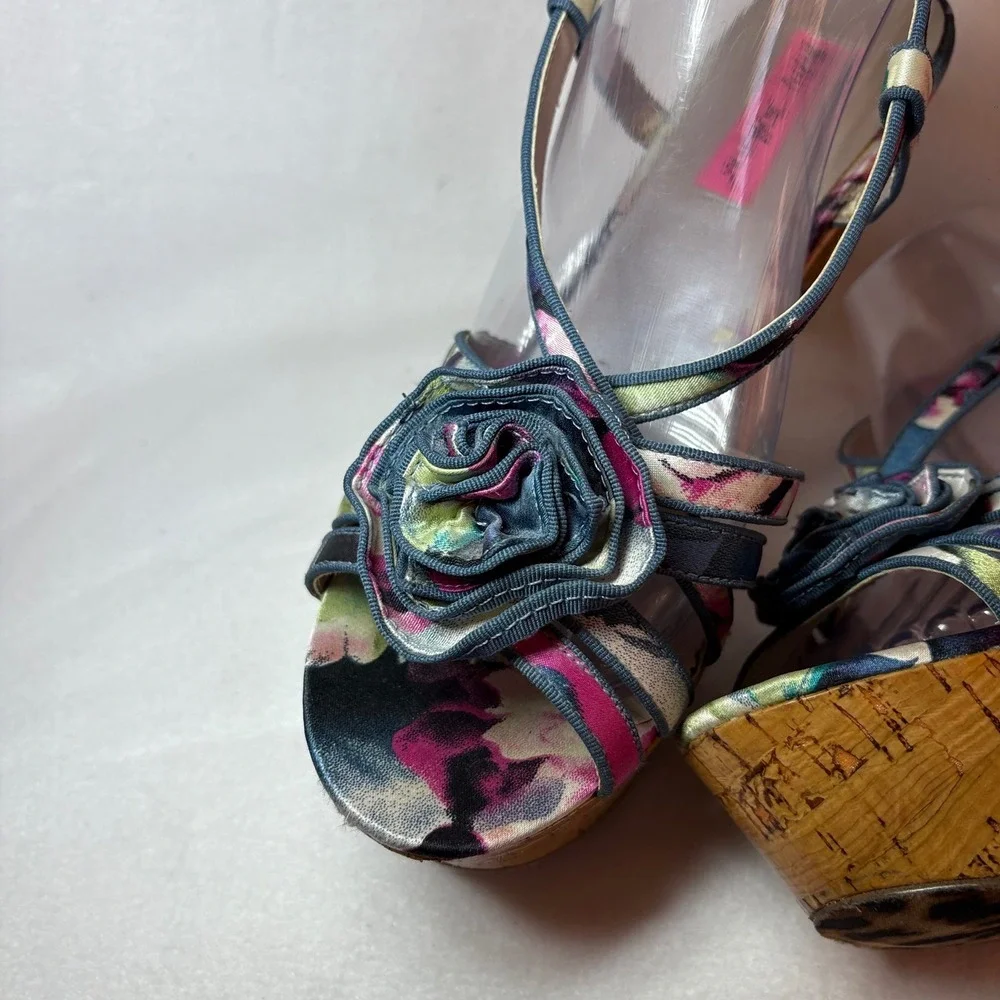 Betsey Johnson Floral Rose Cork Platform Sandals Multi Color Leopard Sole